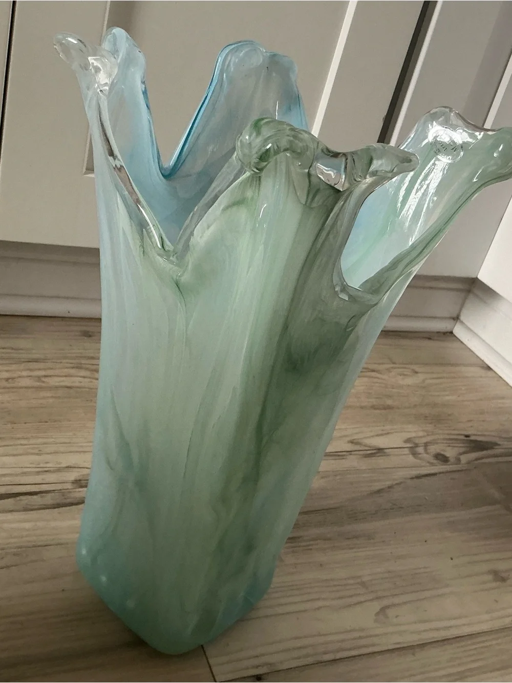 Vtg Lovarazione Art Murano glass aqua blue & green swirl ruffled vase Italy